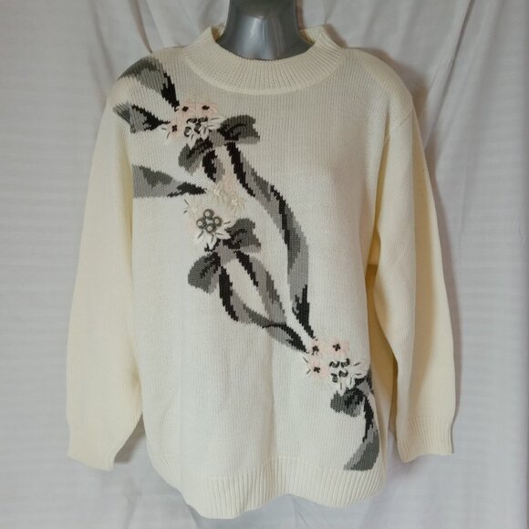 ALIA Pink White Embroidered Knit Pullover Sweater Size L Grannycore 1980s - Picture 2 of 13